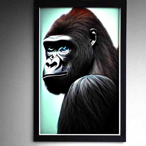 Image similar to Gorilla looking at a framed portrait of a man, hyperrealistic, concept art, 8k, artstation, cinematic, volumetric lighting