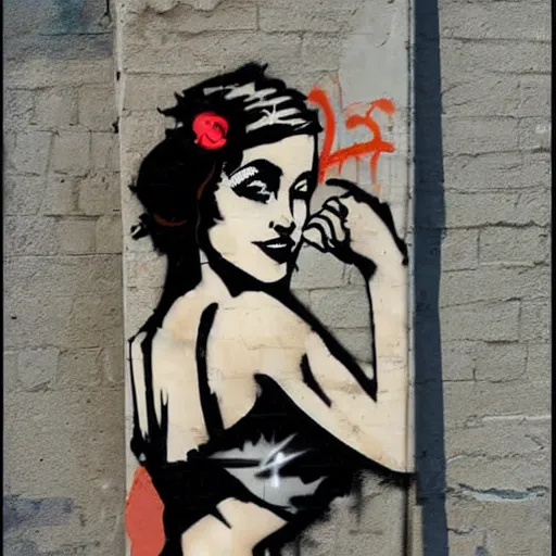 Prompt: abstract rough rugged graffiti art of a pinup woman design by banksy