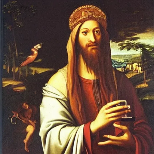 Prompt: renaissance oil painting prophet holding the holy iphone mobile phone of god