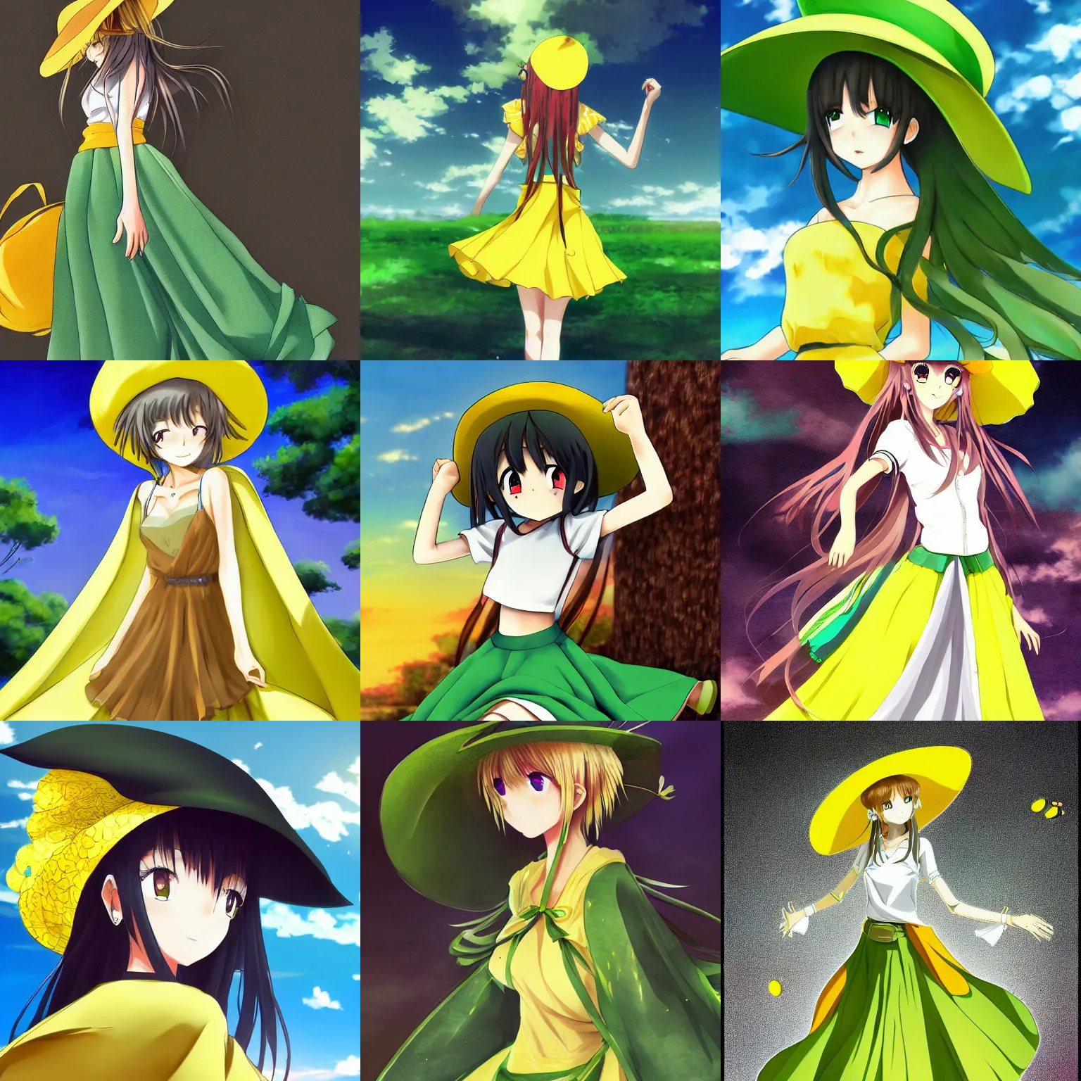 Prompt: beautiful anime girl wearing a long green skirt and a yellow hat, high quality anime art