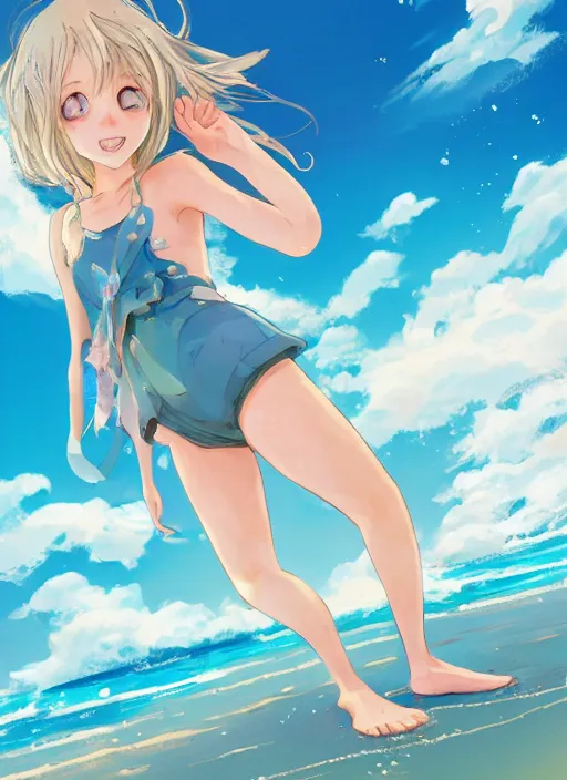 Prompt: girl at a beach, happy, beautiful, finely detailed, made by ross tran, studio ghibli, full body portrait, illustration, shinny water, shinny sand, sunny, anime, front view, perfect anime face, realistic face, zoomed out, smooth, blue eyes, high waisted shorts, sharp focus