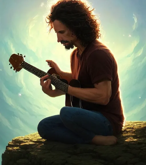 Image similar to highly detailed portrait of chris cornell playing a guitar, sitting in the clouds of heaven, stephen bliss, unreal engine, fantasy art by greg rutkowski, loish, rhads, ferdinand knab, makoto shinkai and lois van baarle, ilya kuvshinov, rossdraws, tom bagshaw, global illumination, radiant light, detailed and intricate environment