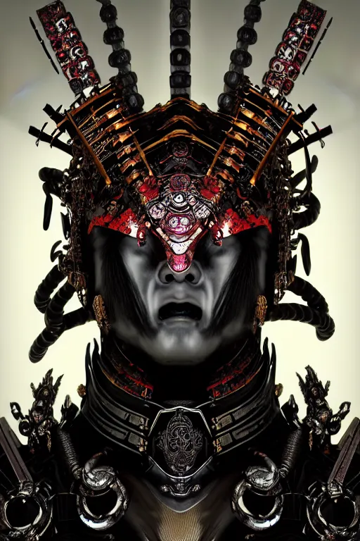 Image similar to asura from chinese myth, ancient japanese samurai, luxurious armor mixed with leather and metal, gothic diablo art, rococo art, cyberpunk, mecha, halfturn portrait of a big crystal face made of crystals half - turn, ominous, intricate, studio, art by anthony macbain + greg rutkowski + alphonse mucha, concept art, 4 k, sharp focus