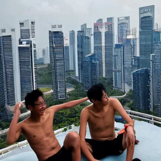 Prompt: award - winning photo of two singapore students on the roof of a hdb flat