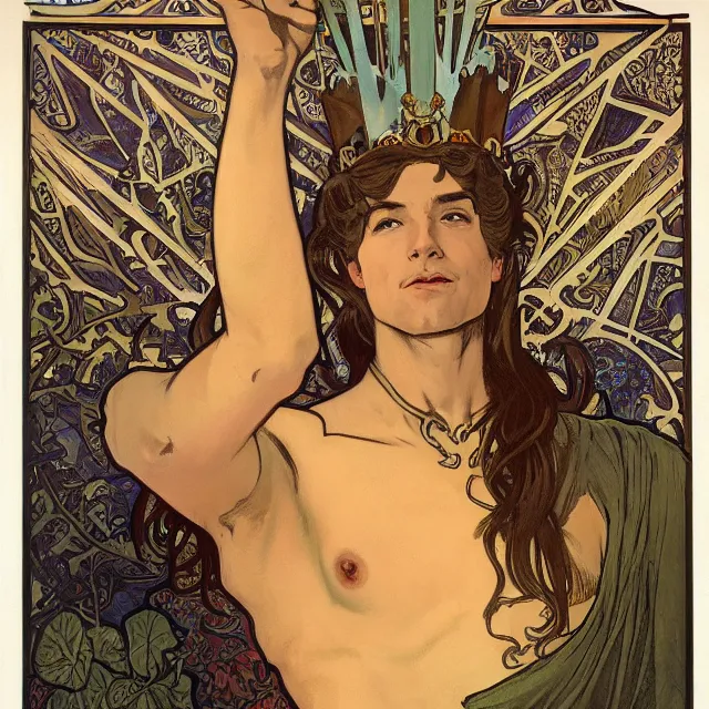 Image similar to an aesthetic! a detailed portrait of a man with a crown, holding a scepter by frank frazetta and alphonse mucha, oil on canvas, art nouveau dungeons and dragons fantasy art, hd, god - rays, ray - tracing, crisp contour - lines, huhd