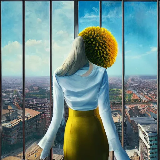 Prompt: huge daisy flower head, woman in suit, standing in modern window in luxury apartment, surreal photography, sunlight, impressionist painting, digital painting, artstation, simon stalenhag