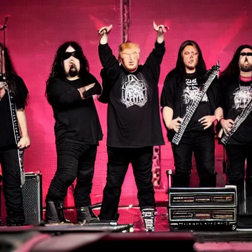 Prompt: a heavy metal band where every member is Donald trump. Concert photo of the band on stage.