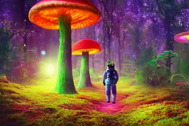 Image similar to an astronaut walking in an enchanted fantasy forest. colorful. glowing mushrooms. photorealism.