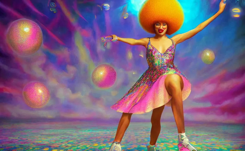 Prompt: Ultradetailed, hyperrealistic, a vintage roller skating diva wearing a disco ball skirt mirror tanktop with a disco ball afro in a psychedelic cosmic roller rink in the clouds, by Vladimir kush, by josip csoor, by roger dean, rendered in octane, volumetric lighting, retro color scheme, trending on artstation -20