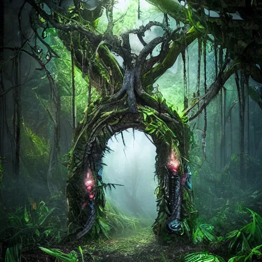 Prompt: horrific portal to the underworld embedded in a creepy tree in a densely overgrown, magical jungle, fantasy, dreamlike sunraise, ultra realistic, atmospheric, stopped in time, epic