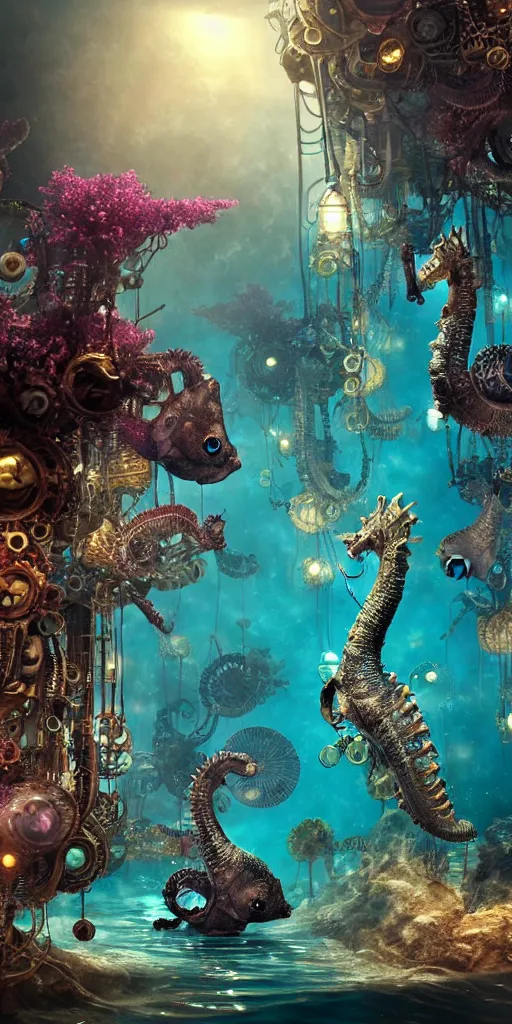 Prompt: mythical dreamy organic translucent bio-mechanical overpopulated underwater sci-fi steampunk city with seahorses, highly detailed, intricate crystal jelly steampunk ornate, poetic, 3D render, digital art, octane render, 8K artistic photography, photo-realistic, by Dora Maar