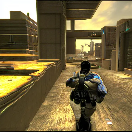 Image similar to generic third - person shooter, sci - fi third - person shooter on the og xbox, 2 0 0 3 graphics, playstation 2 graphics, y 2 k aesthetic hud