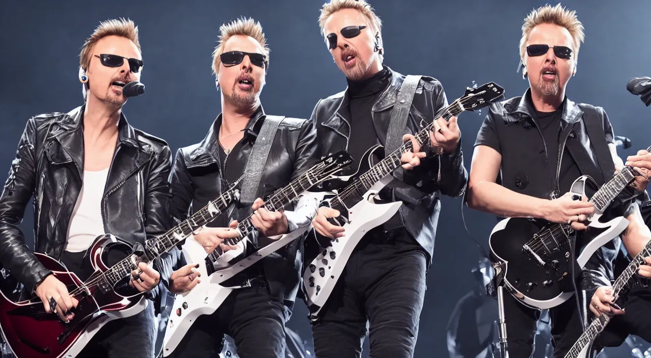 Image similar to matt bellamy and james hetfield playing on stage together, 2 0 2 2 live music video, shot on sony a 7