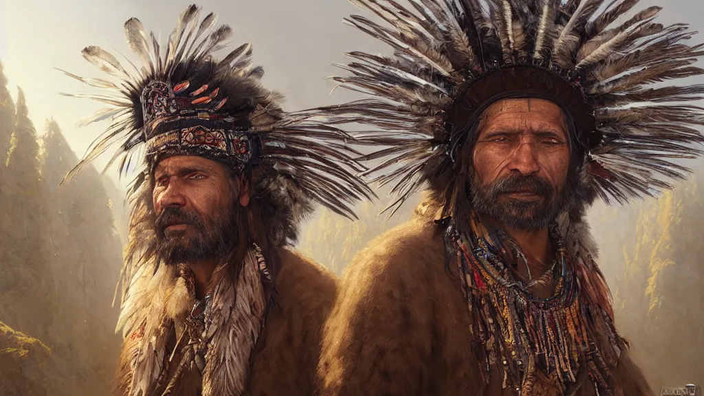 Prompt: highly detailed portrait of a grizzled indigenous man, feathered headdress, traditional clothing, unreal engine, fantasy art by greg rutkowski, ferdinand knab, makoto shinkai and lois van baarle, ilya kuvshinov, rossdraws, tom bagshaw, global illumination, radiant light, detailed and intricate environment