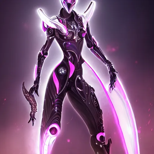 Image similar to highly detailed exquisite fanart, of a beautiful female warframe, but as a stunning anthropomorphic robot female dragon, standing elegantly, shining reflective off-white plated armor, bright Fuchsia skin, sharp claws, full body shot, epic cinematic shot, realistic, professional digital art, high end digital art, DeviantArt, artstation, Furaffinity, 8k HD render, epic lighting, depth of field