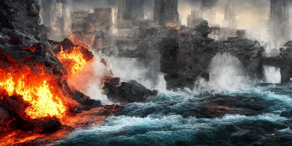 Image similar to big crumbling pillars over raging turbulent waters, conflagration in the background a lot of fire, hyper realistic, highly detailed, digital art, apocalyptic, intimidating lighting, raytracing, sharp focus, smooth, romanticism