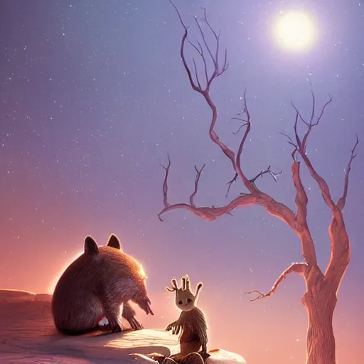 Prompt: groot fantasy illustration of a Birth Machine, Capybara pirate, keeping vigil over the salt flats, lights in the night, highly detailed, soft lighting, rendered in octane, masterpiece, very very very aesthetic, exquisite marble details