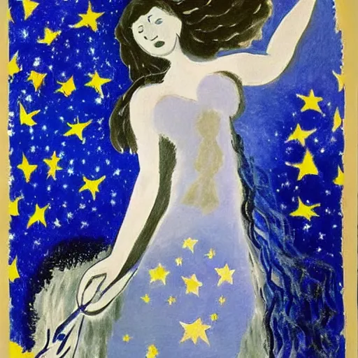 Image similar to The conceptual art features a woman with wings made of stars, surrounded by a blue and white night sky. The woman is holding a staff in one hand, and a star in the other. She is wearing a billowing white dress, and her hair is blowing in the wind. aboriginal art by Henri Matisse ghostly