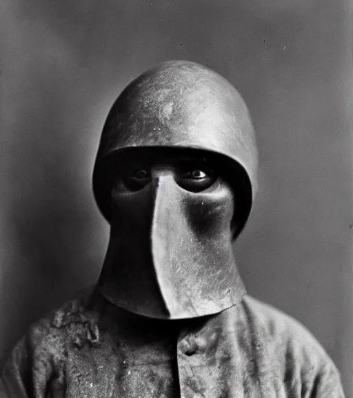 Prompt: person wearing executioner mask, ww1 photo, grainy, high detail, high resolution, tehnicolor