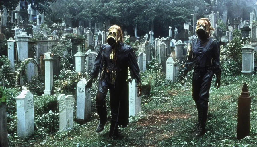 Image similar to 80s movie by James Cameron about a overgrown cemetery where a lavishly dressed necromancer priest in a gas mask