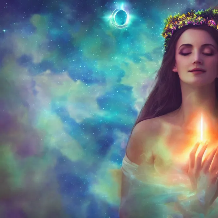 Prompt: goddess with divine feminine energy, floating in air, surrounded by luminescent light, dark nature background, hyper - realistic, photo render, extremely detailed