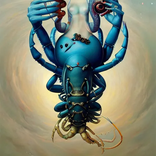 Image similar to The god of wateers resembles a blue lobster, blue lobster, cosmic, horror, Peter Mohrbacher, artwork by Peter Mohrbacher, inspired by Salvador Dalí, surreal