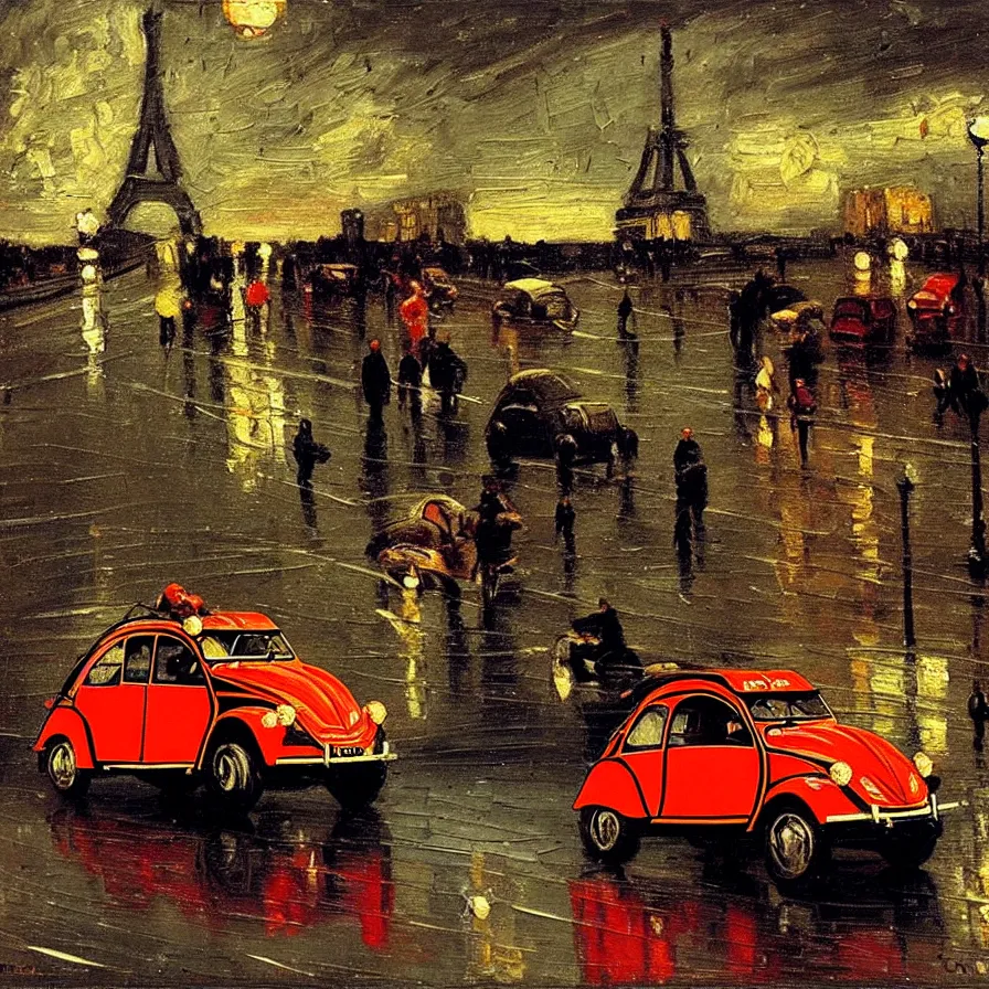 Prompt: colorful citroen 2 cv racing through paris in the 1 9 5 0 s. dark skies, rain. movement. oil painting by pisaro, by thomas eakins