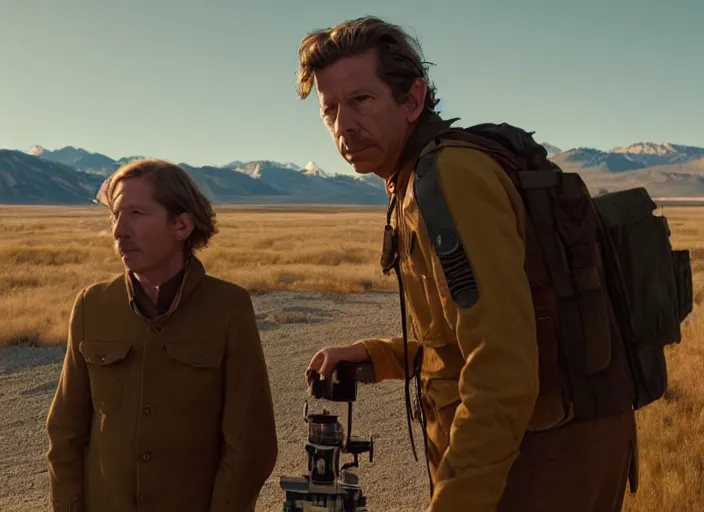 Image similar to first official image from wes anderson's new sci - fi film set in challis!, idaho, sundance official selection, starring ben mendelsohn. shot on alexa mini, stunning cinematography, golden hour, filmgrain, kodak vision 2 0 0 t, shot composition