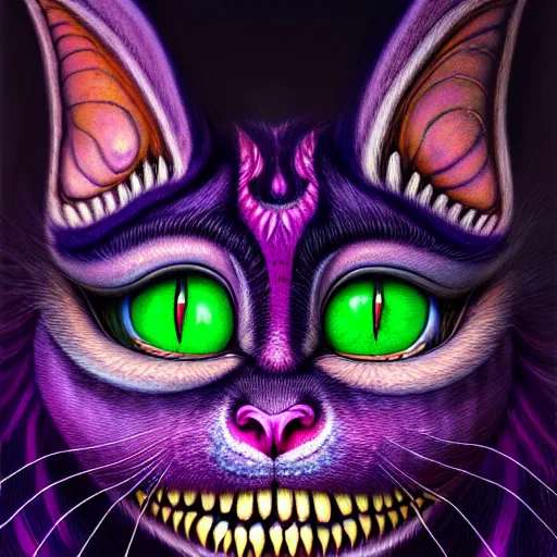 Image similar to An extremely psychedelic portrait of Cheshire cat, Surreal, LSD, face, detailed, intricate, elegant, lithe, highly detailed, digital painting, artstation, concept art, smooth, magical, Occult, astonishingly beautiful, sharp focus, illustration