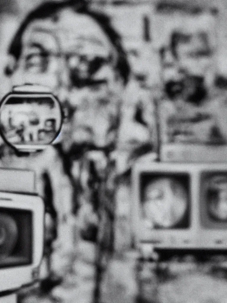 Prompt: High resolution black and white portrait with a 35mm F/5.0 lens of a vintage 1984 television set with Soviet Union program image interference. You can see on the screen a little bit of a person.