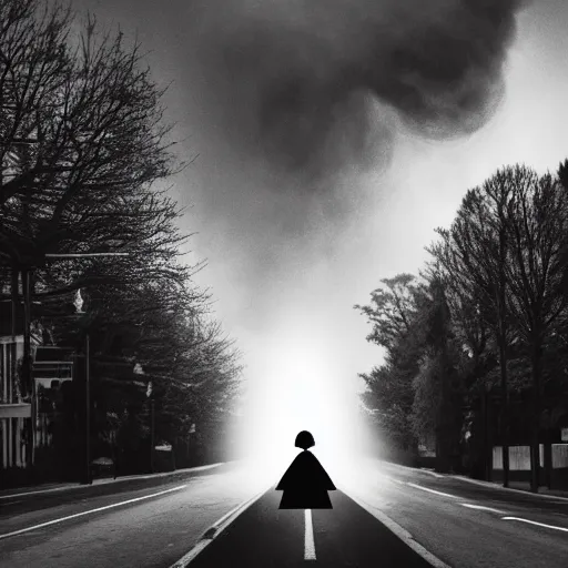 Prompt: A menacing figure with black smoke for a face and draped in black robes stands in the middle of a road as the city burns, horror, photograph, highly detailed, high evolution, legendary, smooth, sharp focus, dynamic lighting, 4k