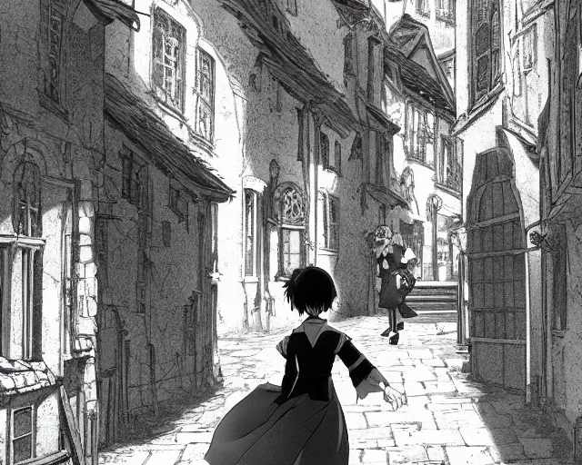 Image similar to kyoani anime keyframe illustrated portrait of a young female walking through a medieval village, perfect anime face, dynamic pose, dynamic perspective, detailed silhouette, detailed, intricate, manga, face by ilya kuvshinov