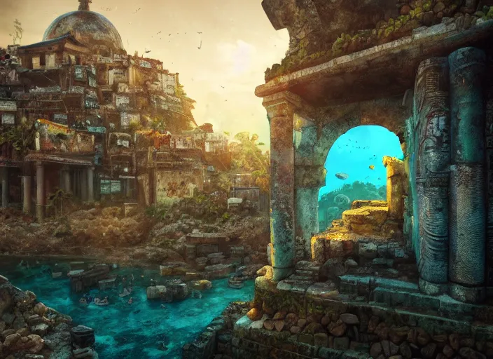 Image similar to ancient ruins favela, underwater environment, arches, urns, scenery, professional, award - winning, trending on artstation, hyper detailed, realistic, beautiful, emotional, shiny, golden, picture