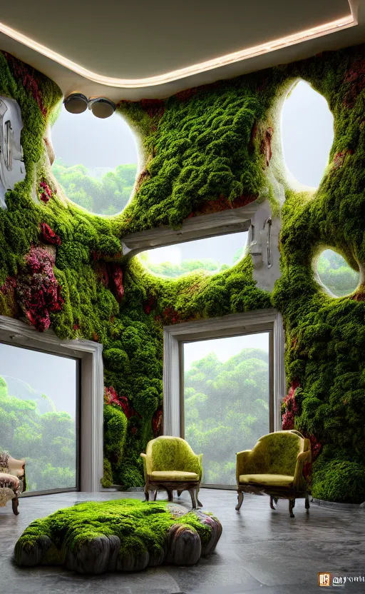 Prompt: highly detailed villa natural beautiful light interior soft cinematic composition of a smooth ceramic porcelain biophilic magnolia stone nebula fluid sci - fi surreal colorful flowers architecture landscape, furniture, granite, trees, marble, moss, lichen, fungi, vincent callebaut composition, mamou - mani, archviz, 8 k, unreal engine, hdr