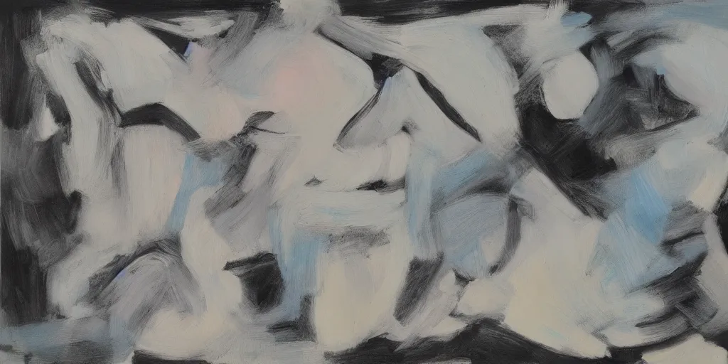 Prompt: black white painting by de kooning on white canvas, soft blue and pink tints, thin black lines, detailed martha jungwirth drawing sketch, painted by yves tanguy, informal, oil on canvas, thick impasto