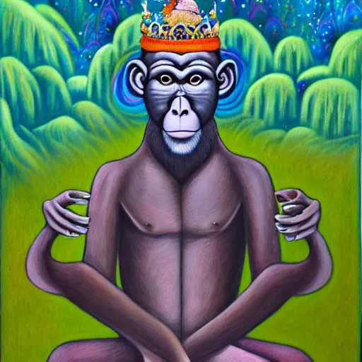 Image similar to an anthromorphic monkey man wearing a crown meditating in a zen garden with a waterfall, by amanda clark and amanda sage in a psychedelic style, oil on canvas