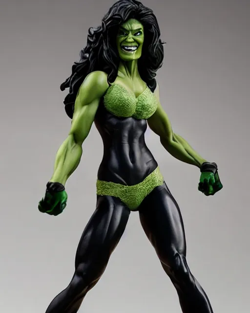 Image similar to cu of a maquette sculpture of angie harmon as the sensational she hulk, she is wearing a silk lace white top and a purple skirt, she is tall, very fit and extremely muscular, she has green skin all over her body, long black shiny hair, hyperreal, highly detailed, in the style of sideshow collectibles, the hulk, marvel, soft focus, bokeh