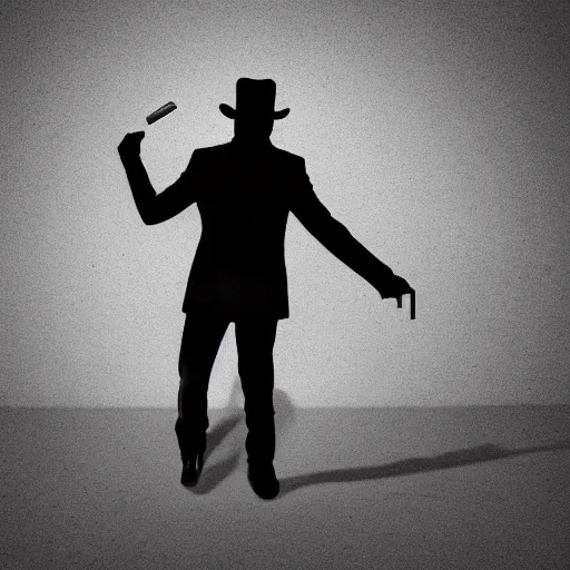 Image similar to mysterious man in black suit and black hat, he has a pistol!!, mysterious, 4 k, highly detailed, digital art, strong shadows, high contrast, epic scene, atmospheric, blue colours, old photograph