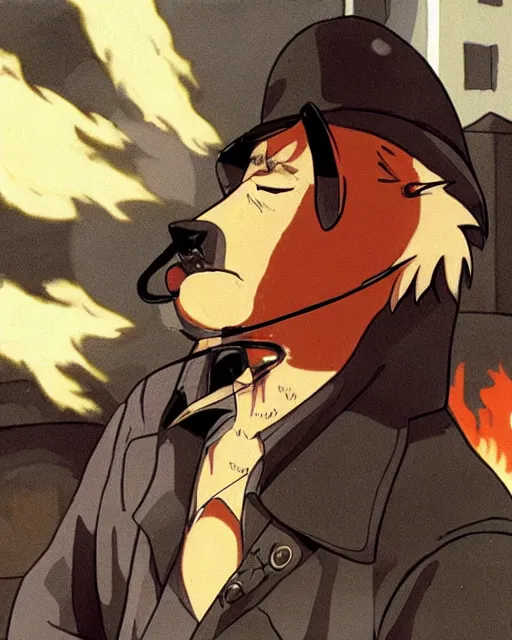 Image similar to a fox in a black trench - coat, smoking a cigarette in front of a huge explosion in the middle of a war, style of anime