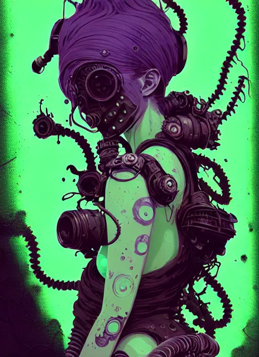 Image similar to highly detailed portrait of an moody wasteland punk long dripping green poison hair tribal lady, stray wiring by atey ghailan, james gilleard, by joe fenton, by greg rutkowski, by greg tocchini, by kaethe butcher, 4 k resolution, gradient purple, brown black and white color scheme!!! ( ( green flaming robotic sewer background ) )