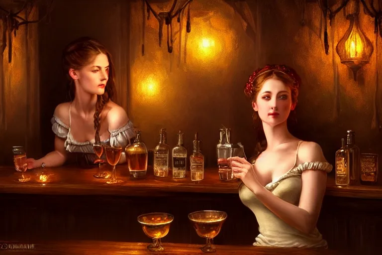 Prompt: a beautiful barmaid, dimly lit cozy tavern, relaxed pose, fantasy, intricate, elegant, dramatic lighting, emotionally evoking symbolic metaphor, highly detailed, lifelike, photorealistic, digital painting, artstation, concept art, smooth, sharp focus, illustration, art by John Collier and Albert Aublet and Krenz Cushart and Artem Demura and Alphonse Mucha, epic composition, grim yet sparkling atmosphere, dim volumetric lighting, 8k octane beautifully detailed render, post-processing, extremely hyperdetailed, cinematic lighting + masterpiece, trending on artstation