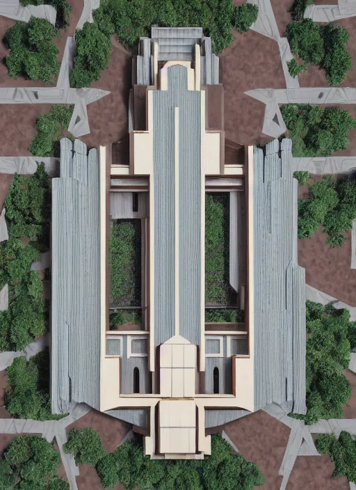 Prompt: isometric artdeco cathedral by frank lloyd wright, shot from drone isometric, painted by piet mondrian