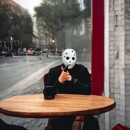 Image similar to photograph of jason voorhees having a coffee at an european caffé