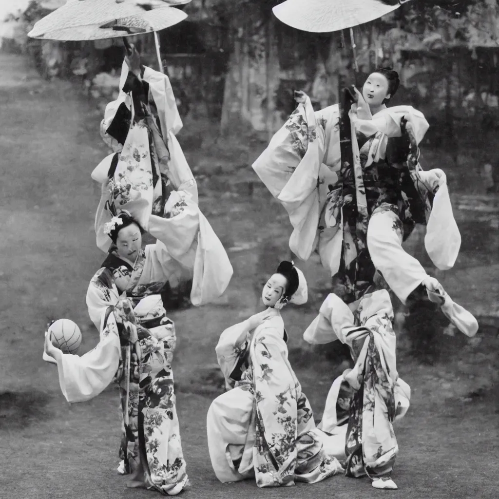 Image similar to Photo of geisha wearing kimono and playing basketball