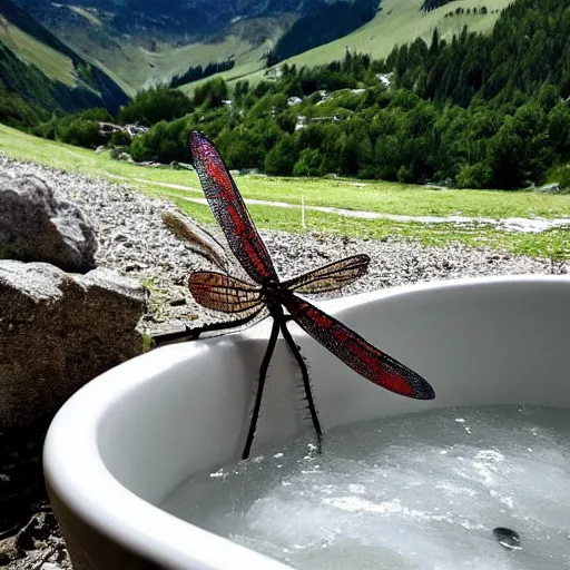 Image similar to dragonfly in a bathtub in the alps, goat!!!!!!!!!!!! herd!!! in background