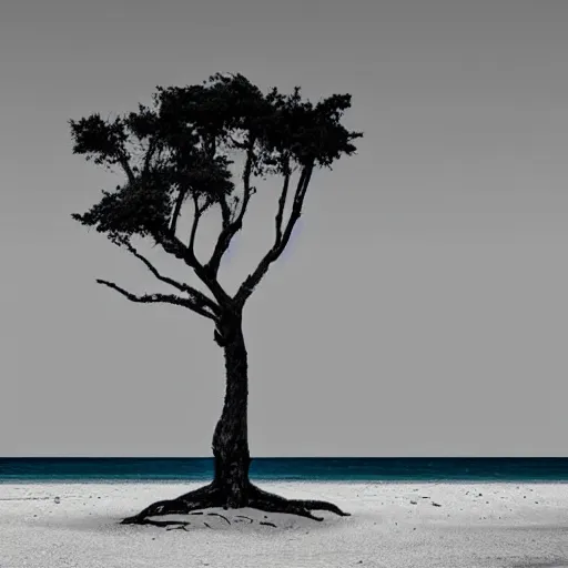 Prompt: a singled barren dead tree on a tiny island surrounded by a peaceful calm ocean, minimalist art, stylized illustration, dull color palette