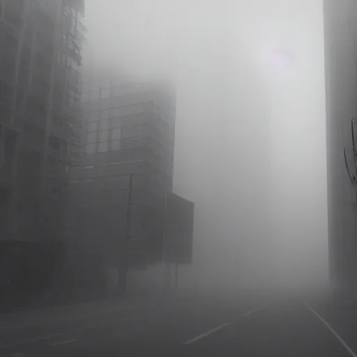 Image similar to liminal space, fog, city