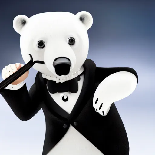 Image similar to a polar bear wearing a monocle and wearing a top hat and wearing a tuxedo, holding a cane, hd photography