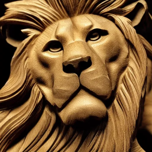 Image similar to a wood sculpture of a lion sitting on a wooden desk, night, macro photography 35mm