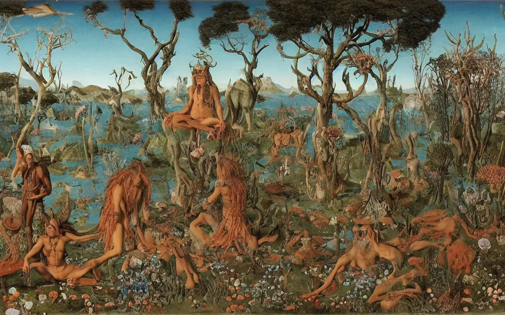 Image similar to a portrait photograph of a meditating centaur shaman and a flayed monk feeding mermaids at a wide river delta. surrounded by bulbous flowers, animals and a few trees. mountain range under a vast blue sky of burning stars. painted by jan van eyck, max ernst, ernst haeckel, ernst fuchs and artgerm, trending on cgsociety